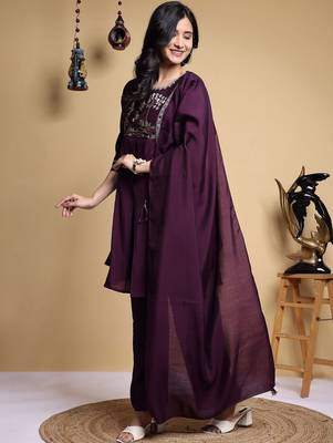 Women Floral Embroidered Pleated Thread Work Kurta with Palazzos & With Dupatta 6