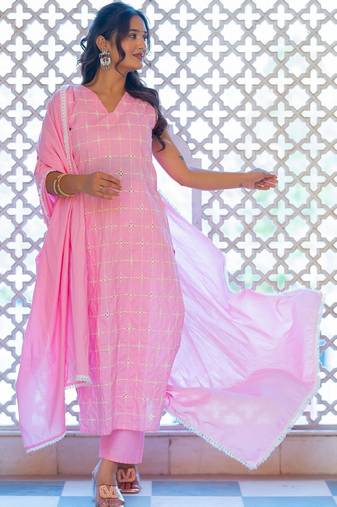 Women Ethnic Motifs Embroidered Regular Pure Cotton Kurta with Trousers & With Dupatta