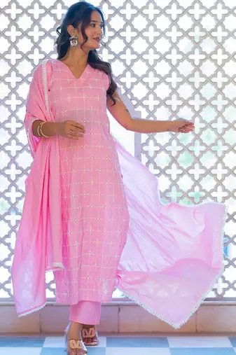 Women Ethnic Motifs Embroidered Regular Pure Cotton Kurta with Trousers & With Dupatta