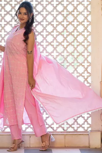 Women Ethnic Motifs Embroidered Regular Pure Cotton Kurta with Trousers & With Dupatta