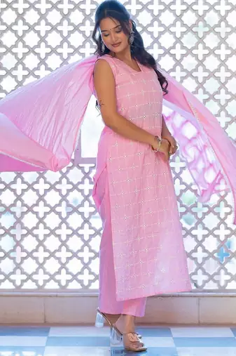 Women Ethnic Motifs Embroidered Regular Pure Cotton Kurta with Trousers & With Dupatta
