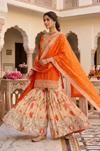 Festive orange heavy embroidery kurta floral sharara set with border dupatta