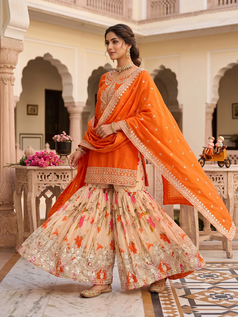 Festive orange heavy embroidery kurta floral sharara set with border dupatta