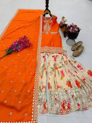 Festive orange heavy embroidery kurta floral sharara set with border dupatta 4