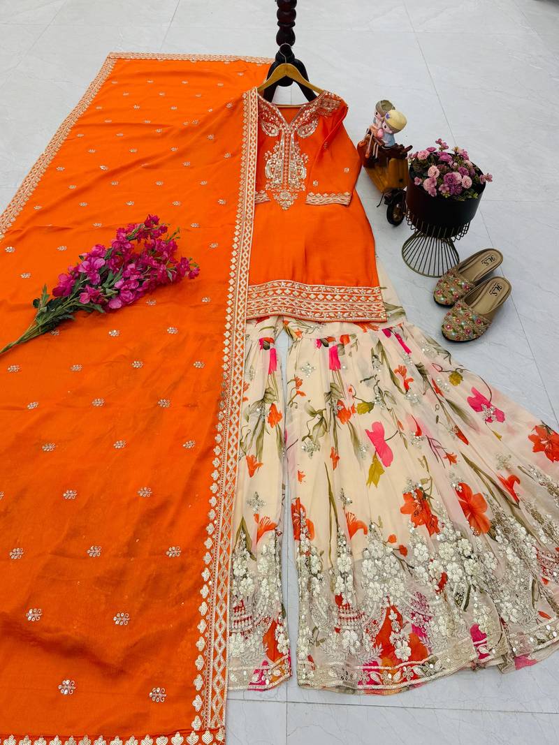 Festive orange heavy embroidery kurta floral sharara set with border dupatta