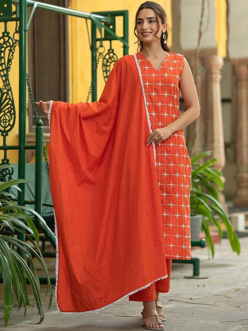 Women Ethnic Motifs Embroidered Regular Thread Work Pure Cotton Kurta with Trousers & With Dupatta