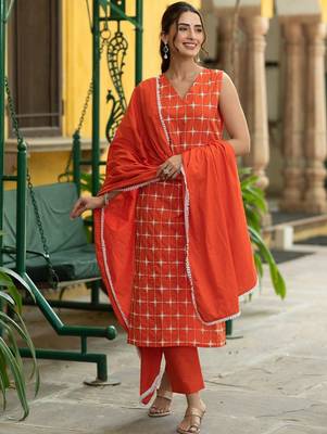Women Ethnic Motifs Embroidered Regular Thread Work Pure Cotton Kurta with Trousers & With Dupatta 3
