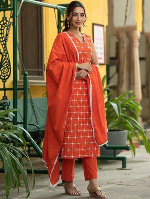 Women Ethnic Motifs Embroidered Regular Thread Work Pure Cotton Kurta with Trousers & With Dupatta 7