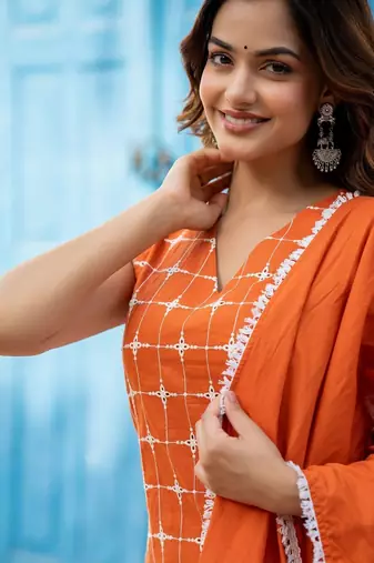 Women Ethnic Motifs Embroidered Regular Pure Cotton Kurta with Trousers & With Dupatta