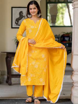 Women Ethnic Motifs Embroidered Regular Thread Work Pure Cotton Kurta with Trousers & With Dupatta 1