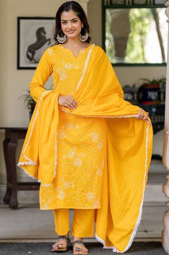 Women Ethnic Motifs Embroidered Regular Thread Work Pure Cotton Kurta with Trousers & With Dupatta