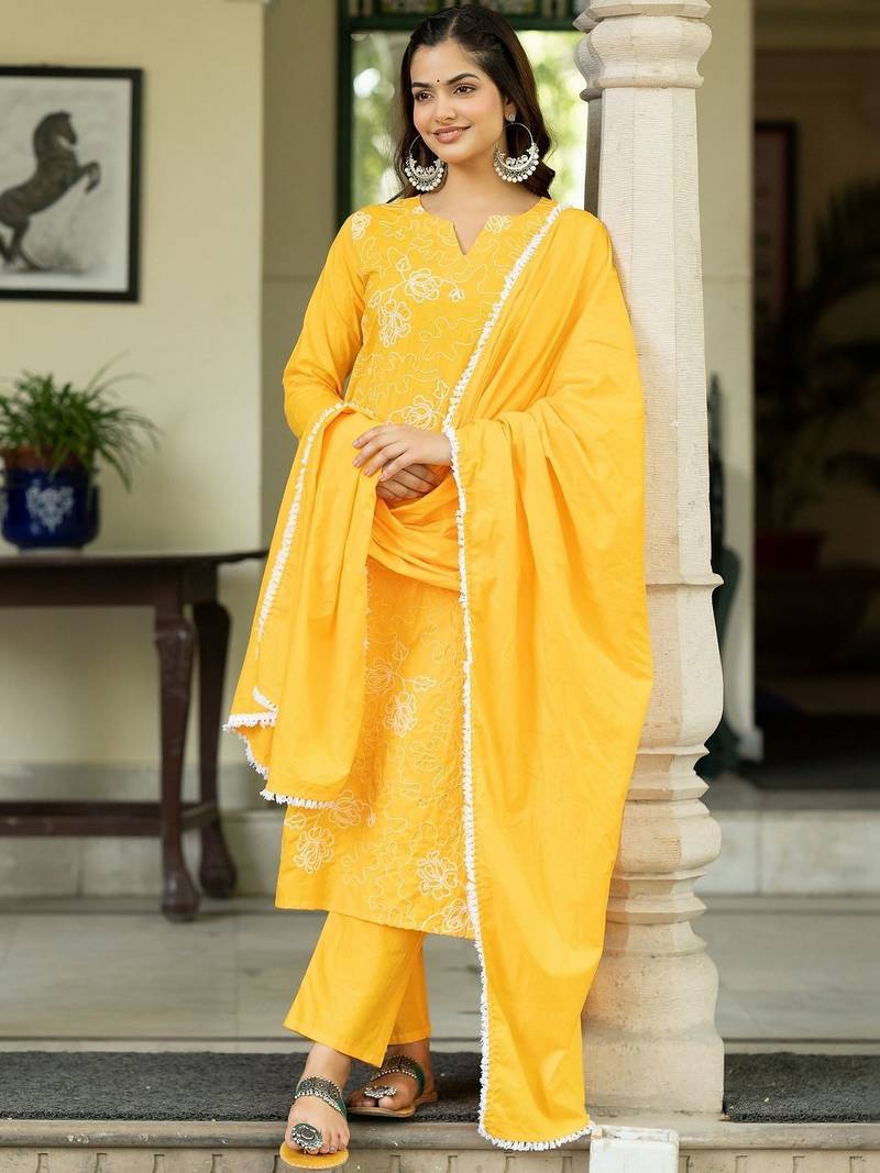 Women Ethnic Motifs Embroidered Regular Thread Work Pure Cotton Kurta with Trousers & With Dupatta