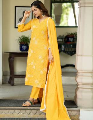 Women Ethnic Motifs Embroidered Regular Thread Work Pure Cotton Kurta with Trousers & With Dupatta 7