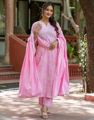 Women Ethnic Motifs Embroidered Regular Chikankari Pure Cotton Kurta with Trousers & With Dupatta 1
