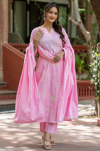 Women Ethnic Motifs Embroidered Regular Chikankari Pure Cotton Kurta with Trousers & With Dupatta