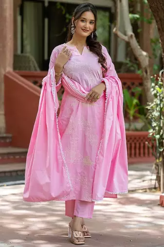 Women Ethnic Motifs Embroidered Regular Chikankari Pure Cotton Kurta with Trousers & With Dupatta