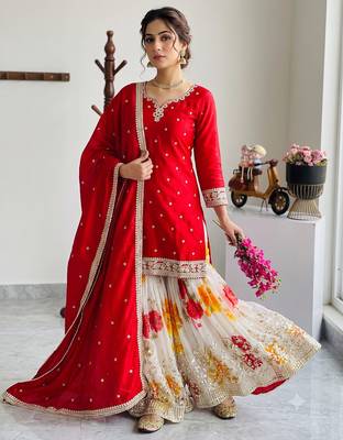 Festive red heavy embroidery kurta floral sharara set with border dupatta 1