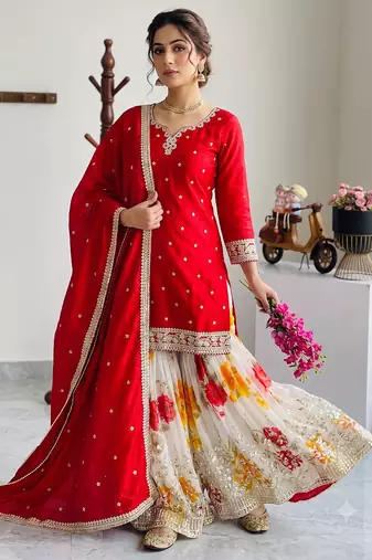 Festive red heavy embroidery kurta floral sharara set with border dupatta