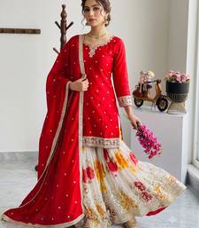 Festive red heavy embroidery kurta floral sharara set with border dupatta