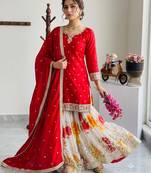Festive red heavy embroidery kurta floral sharara set with border dupatta