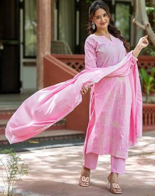Women Ethnic Motifs Embroidered Regular Chikankari Pure Cotton Kurta with Trousers & With Dupatta 3