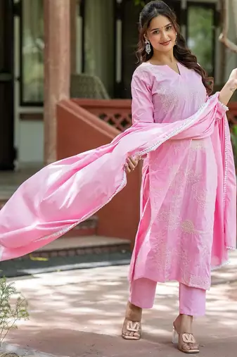 Women Ethnic Motifs Embroidered Regular Chikankari Pure Cotton Kurta with Trousers & With Dupatta
