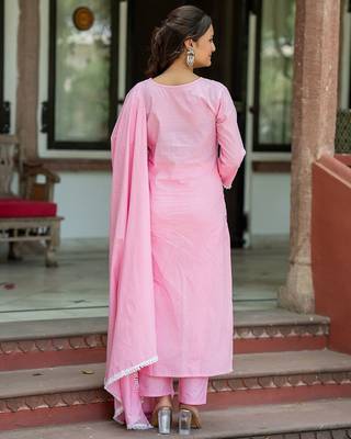 Women Ethnic Motifs Embroidered Regular Chikankari Pure Cotton Kurta with Trousers & With Dupatta 4