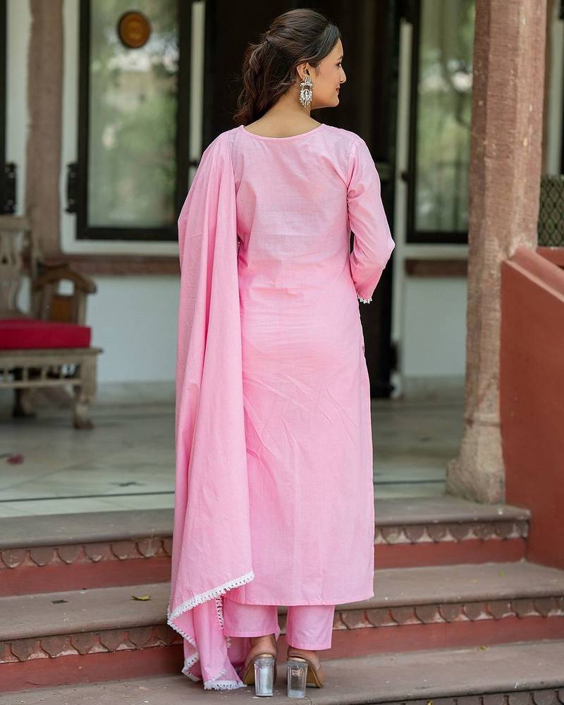 Women Ethnic Motifs Embroidered Regular Chikankari Pure Cotton Kurta with Trousers & With Dupatta