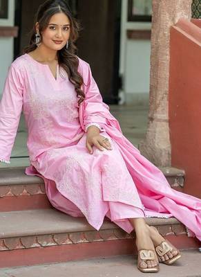 Women Ethnic Motifs Embroidered Regular Chikankari Pure Cotton Kurta with Trousers & With Dupatta 6