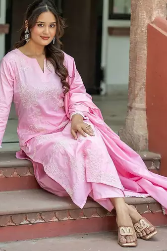Women Ethnic Motifs Embroidered Regular Chikankari Pure Cotton Kurta with Trousers & With Dupatta
