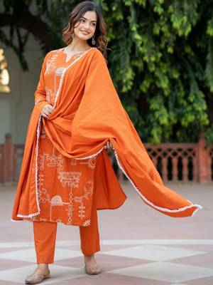 Women Ethnic Motifs Embroidered Regular Pure Cotton Kurta with Trousers & With Dupatta 1