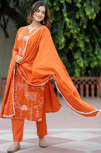 Women Ethnic Motifs Embroidered Regular Pure Cotton Kurta with Trousers & With Dupatta