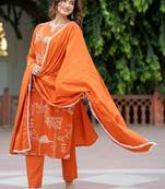 Women Ethnic Motifs Embroidered Regular Pure Cotton Kurta with Trousers & With Dupatta