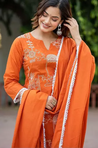 Women Ethnic Motifs Embroidered Regular Pure Cotton Kurta with Trousers & With Dupatta