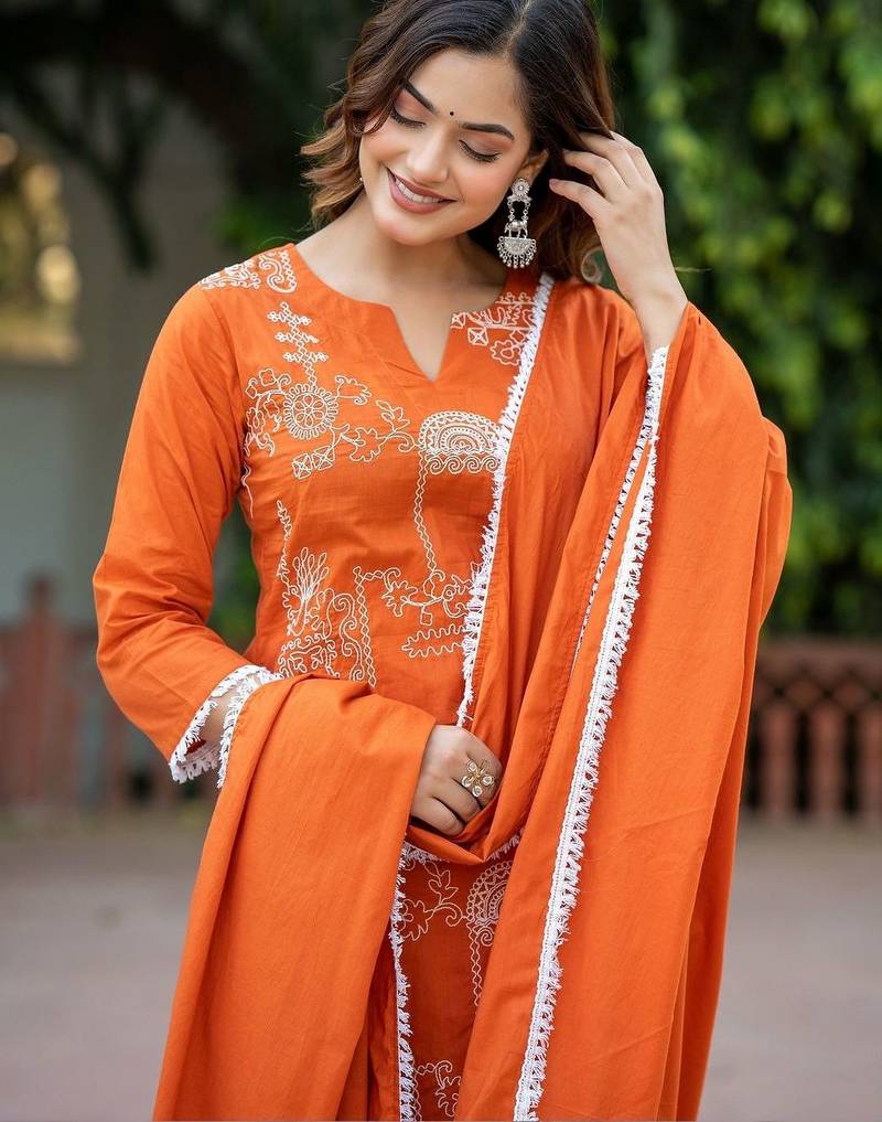 Women Ethnic Motifs Embroidered Regular Pure Cotton Kurta with Trousers & With Dupatta