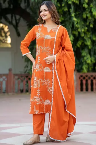 Women Ethnic Motifs Embroidered Regular Pure Cotton Kurta with Trousers & With Dupatta