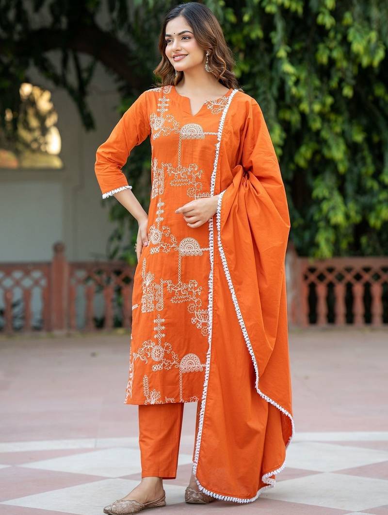 Women Ethnic Motifs Embroidered Regular Pure Cotton Kurta with Trousers & With Dupatta