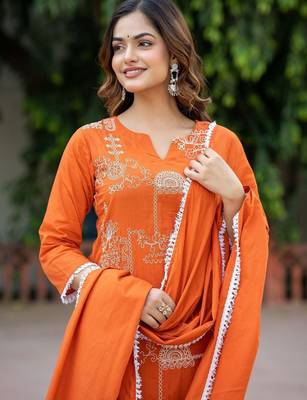 Women Ethnic Motifs Embroidered Regular Pure Cotton Kurta with Trousers & With Dupatta 7