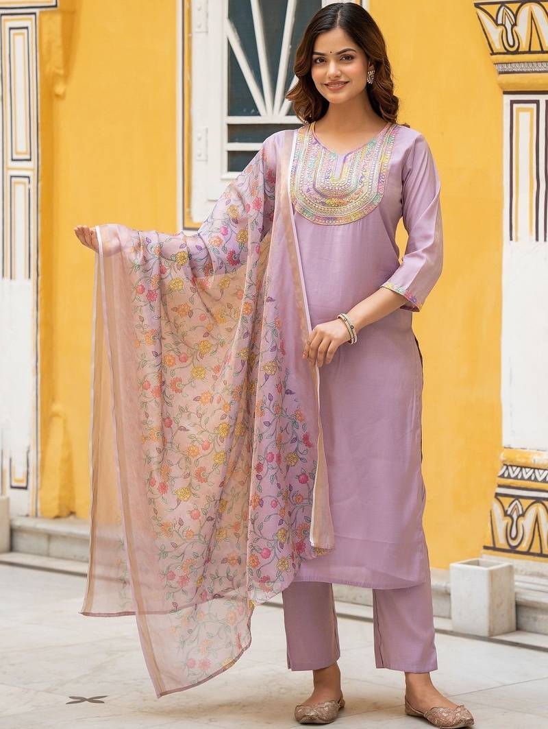 Women Ethnic Motifs Embroidered Regular Kurta with Trousers & With Dupatta