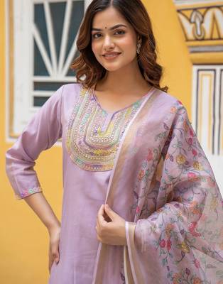 Women Ethnic Motifs Embroidered Regular Kurta with Trousers & With Dupatta 2