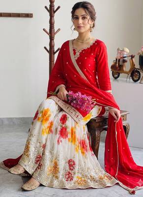 Festive red heavy embroidery kurta floral sharara set with border dupatta 2