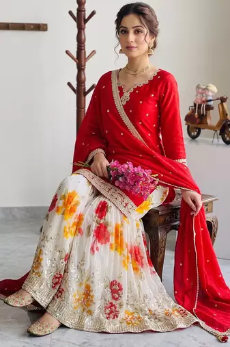 Festive red heavy embroidery kurta floral sharara set with border dupatta