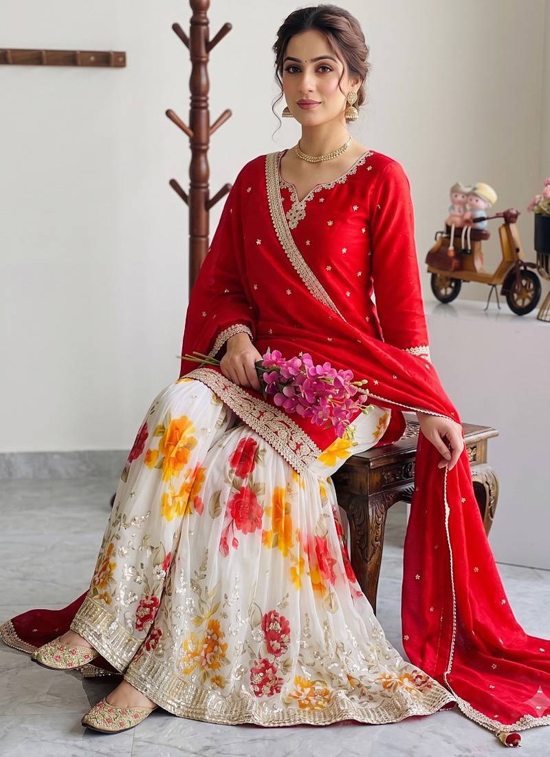 Festive red heavy embroidery kurta floral sharara set with border dupatta