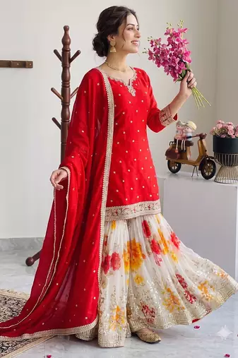 Festive red heavy embroidery kurta floral sharara set with border dupatta