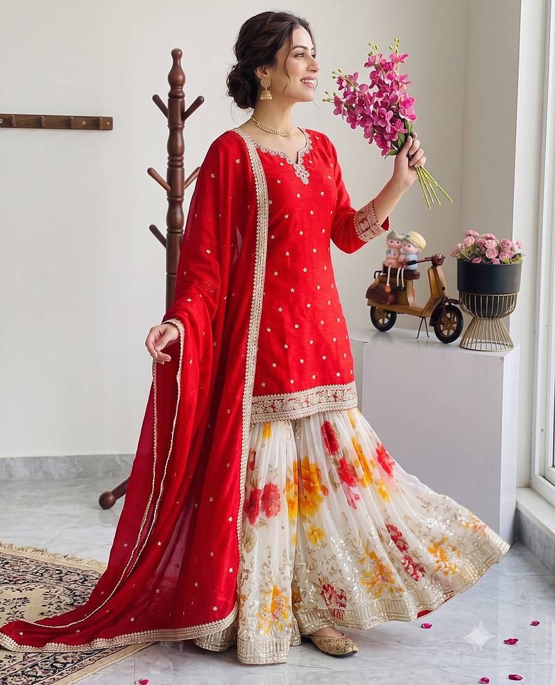 Festive red heavy embroidery kurta floral sharara set with border dupatta