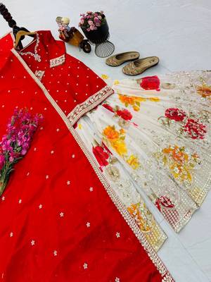 Festive red heavy embroidery kurta floral sharara set with border dupatta 4