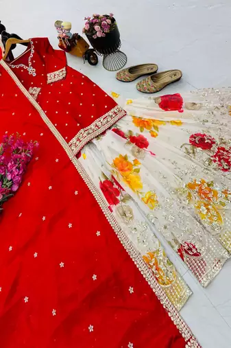 Festive red heavy embroidery kurta floral sharara set with border dupatta