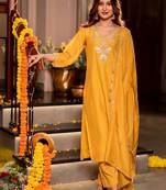 Women Ethnic Motifs Embroidered Regular Thread Work Chanderi Silk Kurta with Palazzos & With Dupatta