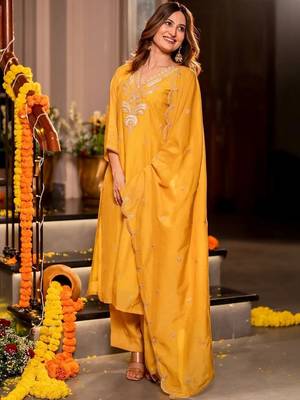 Women Ethnic Motifs Embroidered Regular Thread Work Chanderi Silk Kurta with Palazzos & With Dupatta 7