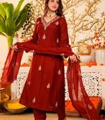 Women Ethnic Motifs Embroidered Regular Thread Work Chanderi Silk Kurta with Pyjamas & With Dupatta